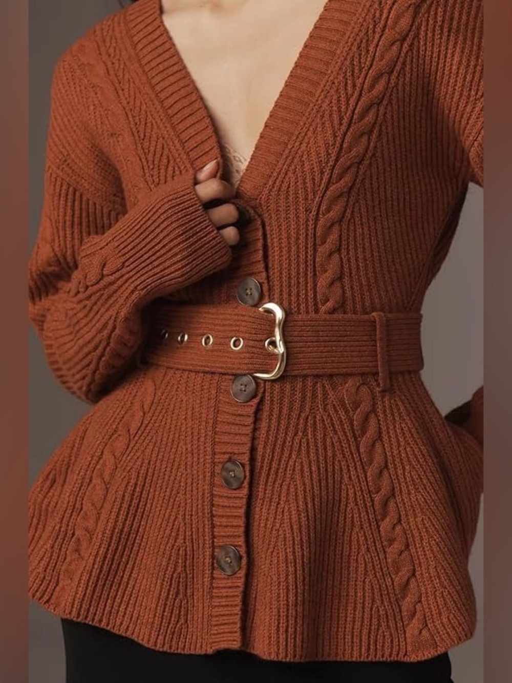 Anthropologie wool & cotton belted rust orange sweater small